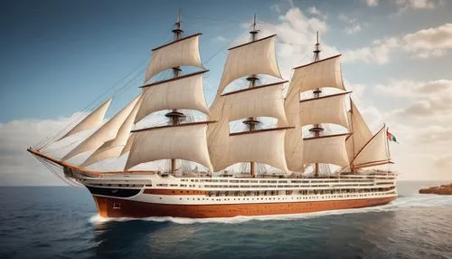 Imaginative giant cruise ship shaped like windjammer, modern  cruise ship powered by advanced technology with sails.
Artistic explorations of unconventional water transportation, using repurposed obje