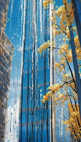 water wall,sky tree,glass facade,glass wall,glass building,glass facades,water reflection,falling flowers,reflections in water,glass painting,cascading,shard of glass,tower fall,skyscrapers,waterplace,reflection in water,glass blocks,reflections,forsythia,urban towers,Conceptual Art,Graffiti Art,Graffiti Art 08