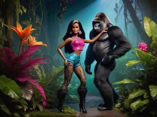 Barbie, gorilla, standing, jungle, exotic plants, vines, tropical flowers, bright colors, shiny fur, muscular arms, strong legs, torn clothes, ripped fishnet stockings, chunky boots, dynamic pose, int