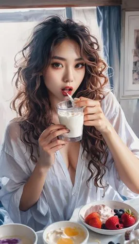 hyuna,yubin,tea,glass of milk,woman drinking coffee,girl with cereal bowl,Illustration,Paper based,Paper Based 25