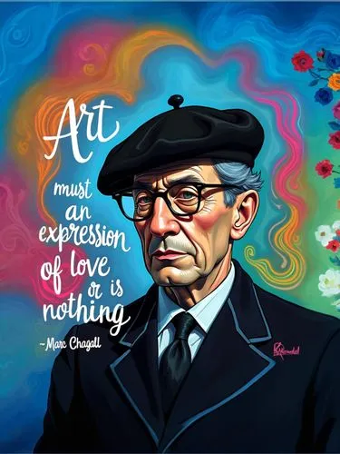 Digital illustration evoking the styles of Marc Chagall, featuring a portrait of Marc Chagall, wearing a black beret and glasses. He has a light skin tone and a serious expression. The background is v