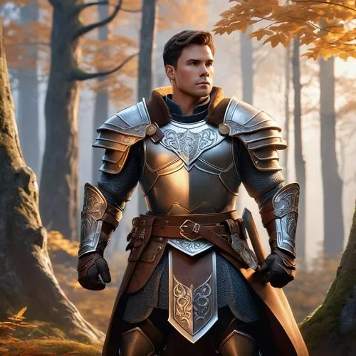 Fantasy RPG character, DnD inspired, heroic male warrior, 30yo, muscular build, short brown hair, scar above left eyebrow, silver earrings, worn leather armor, intricately designed sword at side, shie