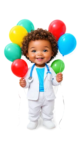 Cartoon pediatric logo, smiling baby face, blue eyes, soft curly hair, pacifier, white onesie, colorful balloons, teddy bear, stethoscope, medical symbol, rounded font, bright colors, 2D illustration,