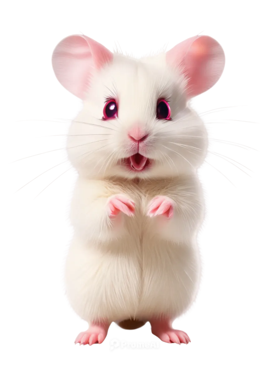 Small hamster, white fur, pink paws, tiny claws, detailed toe pads, cute facial expression, whiskers, bright eyes, standing on hind legs, front paws together, tiny nose, morning dew, soft sunlight, sh