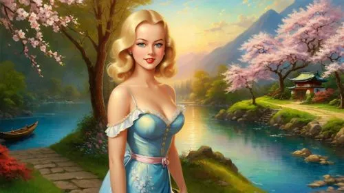 fantasy picture,the blonde in the river,connie stevens - female,fantasy art,spring background,landscape background,celtic woman,fairy tale character,springtime background,mamie van doren,fantasy woman,ninfa,faires,glinda,art painting,godward,mermaid background,fairy queen,spring leaf background,tuatha