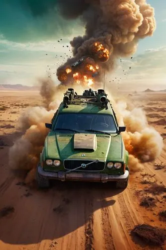 An apocalytpic car in the desert, fighting against mad max villains, guns, assault rifles, artillery firing , fire, smoke, danger, Volvo V50, Mad Max, Military green color, Rust on the hood of the car