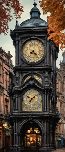 Bolton's iconic architectural design, grandiose Victorian-era building, ornate stone façade, intricate carvings, stained glass windows, majestic clock tower, Gothic Revival style, symmetrical composit