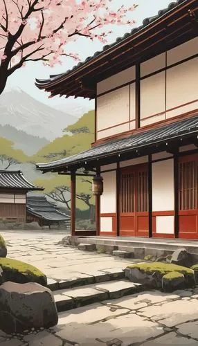 Old, worn, Japanese-style wooden house, rusty red roof tiles, faded white walls, subtle cracks, aged wooden doors, sliding screens, tatami mats, traditional lanterns, moss-covered stone steps, overgro