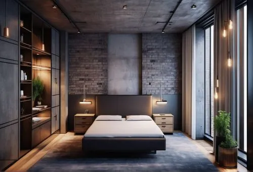 A modern contemporary New York hotel interior bedroom, New York hotel interior bedroom, Modern Urban New York design. Hyper realistic photo, modern, Expose brick wall, Concrete texture wall, Modern in