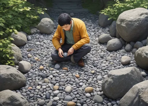 balanced pebbles,balanced boulder,background with stones,stacking stones,man praying,healing stone,zen garden,3d render,seamless texture,zen stones,render,digital compositing,rock stacking,massage stones,rock balancing,3d rendered,stone balancing,zen rocks,japanese zen garden,stone background,Illustration,Japanese style,Japanese Style 10