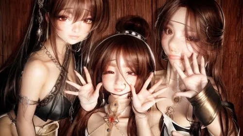 anime 3d,dolls,triplet lily,butterfly dolls,joint dolls,porcelain dolls,speak no evil,multiple exposure,hear no evil,doll looking in mirror,japanese doll,three,the three graces,oriental longhair,wood angels,photo effect,designer dolls,transparent background,vamps,female hares