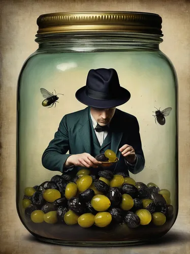 spreewald gherkins,olives,jewish cherries,olive in the glass,empty jar,honey jar,glass jar,jar,jars,olive oil,olive butter,olive family,glass harp,ground cherry,gooseberries,pickling,storage-jar,pickled cucumber,dali,the collector,Illustration,Realistic Fantasy,Realistic Fantasy 35