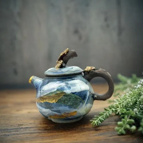 a green plant sitting next to a teapot on a wooden table,vintage teapot,fragrance teapot,tea zen,asian teapot,porcelain tea cup,tea pot