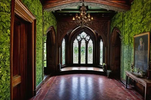 Historic mansion, Kathleen James-Chakraborty style, Gothic Revival architecture, built since 1400, intricate stone carvings, grandiose entrance, tall spires, stained glass windows, ornate wooden doors