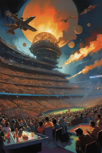 stadium falcon,super bowl,fedex field,coliseum,ballpark,skylanders,fantasy picture,fantasy world,the atmosphere,world digital painting,dodger stadium,indoor american football,musical dome,planetarium,airships,nfl,soccer-specific stadium,sci fiction illustration,baseball stadium,sports game,Conceptual Art,Oil color,Oil Color 04