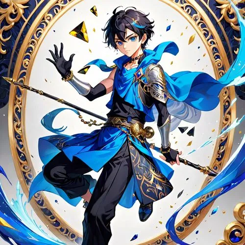 An anime-style illustration of a young male character in a dynamic, action-oriented pose. The character has short black hair with blue highlights and Shiori eyes, giving him an intense look. He wears 