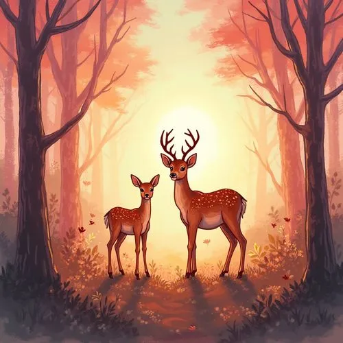 “Design a hand-drawn vector illustration of two deer standing gracefully in a serene forest clearing. The deer should be depicted with soft, delicate lines, emphasizing their gentle and elegant nature