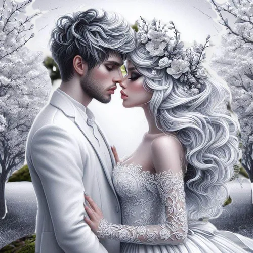 white rose snow queen,silver wedding,the snow queen,eternal snow,fairy tale,amorous,a fairy tale,love in the mist,fairytale,fantasy picture,romantic portrait,winter dream,white rose,fairytales,fairy tale character,bride and groom,wedding couple,beautiful couple,fairy tales,fantasy art