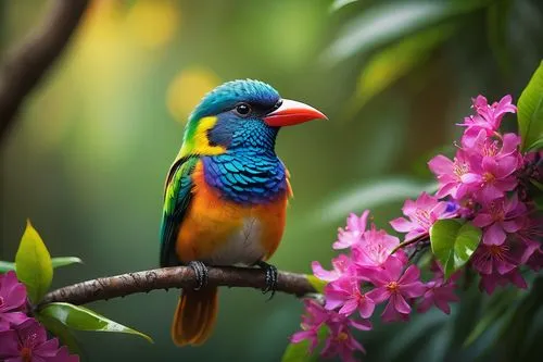 Vibrant rainbow-colored birds, tropical paradise, lush green forest, exotic flowers, sparkling waterfalls, misty atmosphere, warm sunlight filtering through leaves, colorful plumage, iridescent feathe