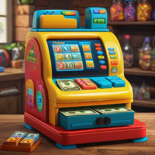 Design an interactive kids' cash register game with fun characters and bright colors.,kids cash register,toy cash register,coin drop machine,cash register,arcade game,slot machines,slot machine,paymen