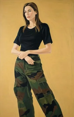 a painting of a woman in military clothes,turlington,jasinski,woman sitting,pointing woman,female model,sobchak,Conceptual Art,Oil color,Oil Color 13