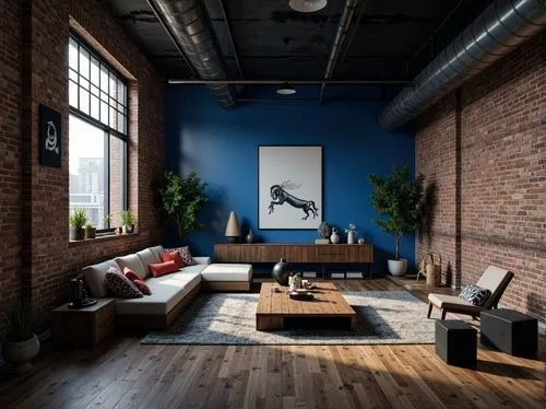 loft,lofts,modern decor,contemporary decor,apartment lounge,hardwood floors,interior design,living room,blue room,livingroom,interior decor,creative office,great room,home interior,interior decoration,interior modern design,redbrick,red brick,rowhouse,photography studio