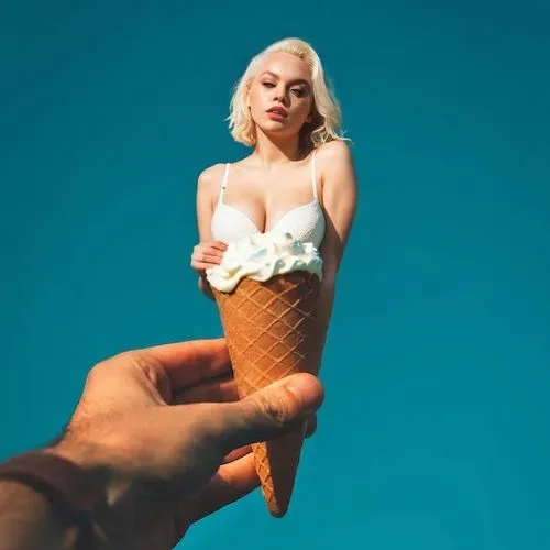 white vanilla skin, bra made Waffle cone, full body female fat chest, white skin albino woman, tall woman, frontview, Mila Kunis,woman with ice-cream,ice cream cone,whipped ice cream,sundae,concretes,