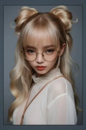 a girl wearing glasses with pigtails on her head,bjd,khnopff,derivable,albinos,lily-rose melody depp,blondet,Photography,General,Natural