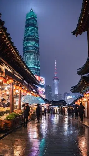 Seoul cityscape, modern skyscrapers, sleek glass facade, metallic structures, neon lights, bustling streets, night scene, blurred car lights, rainy atmosphere, reflexions on wet pavement, puddles, dis