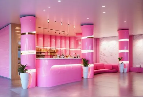 design the cafe space, the time zone is 1 p.m., the wall is light pink paint, the floor is white tile, the lighting is 3600k, so light up the space, the wall manager makes a display case with transpar