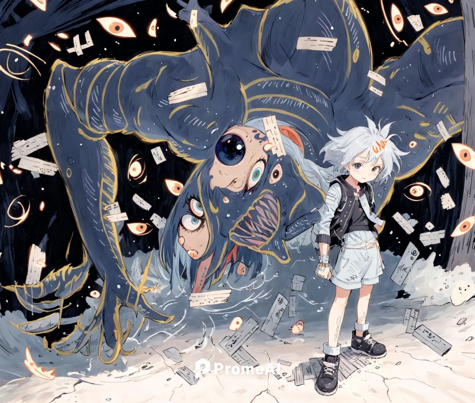 a cartoon with a weird looking face next to another character,yamantaka,uzumaki,encounter,hibakusha,ia,descender,Anime,Anime,Traditional