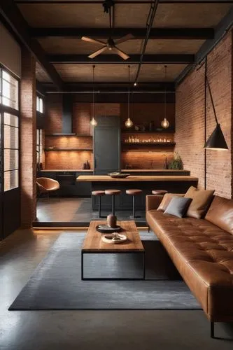 Create a series of hyper-realistic images showcasing an industrial-style interior design. The scene should prominently feature raw materials such as steel, iron, concrete, untreated wood, and exposed 