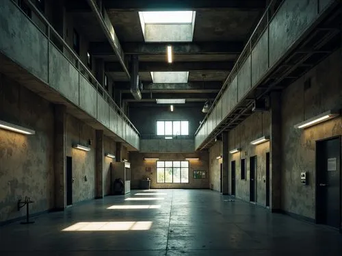 Gritty high school building, brutalist architecture, raw concrete walls, industrial metal beams, minimalist interior design, functional lighting fixtures, overhead fluorescent lamps, exposed ductwork,