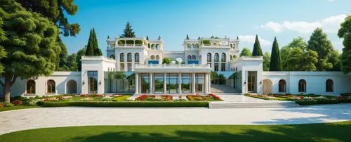 modern palace with marble and glass exterior in garden with trees an flowers all over and no curve or arch windowa,bahai,white temple,mansion,diyanet,palladianism,marble palace,mamounia,mansions,house