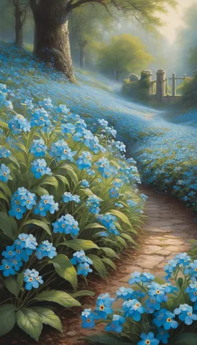 forget-me-not,forget-me-nots,blooming field,forget me nots,alpine forget-me-not,forget me not,flowers field,blue daisies,blue petals,field of flowers,meadow landscape,flower painting,flower field,blue flowers,pathway,everlasting flowers,meadow in pastel,blue woodland phlox,myosotis,spring morning,Conceptual Art,Fantasy,Fantasy 29