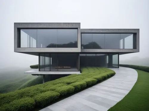 a very large and long grey building in the fog,modern architecture,cube house,cubic house,modern house,foggy landscape,futuristic architecture,Photography,Artistic Photography,Artistic Photography 12