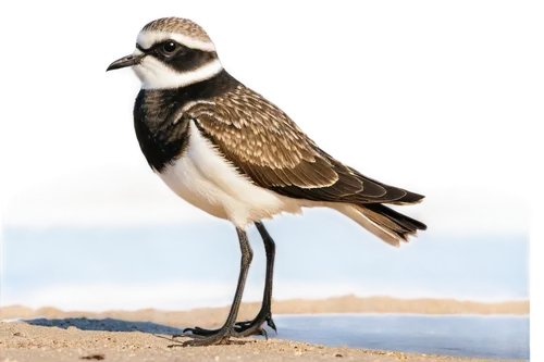 Small plovers, standing on one leg, grey-brown feathers, white belly, black mask-like stripes, orange beak, long wings, beach setting, morning sunlight, soft focus, shallow depth of field, warm color 