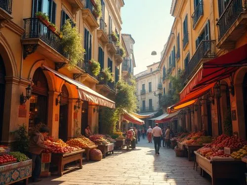 Rustic market square, ornate facades, grand archways, vibrant colorful tiles, intricate stone carvings, ornamental lanterns, wrought iron balconies, wooden shutters, Renaissance-inspired details, warm