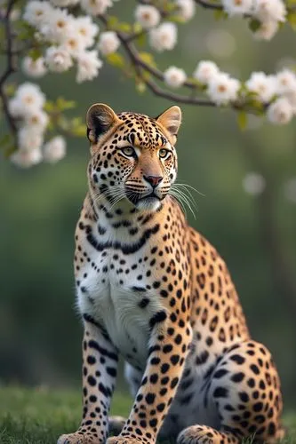 photorealistic, leopard portrait, white flowers, cherry tree, natural light, male leopard, sitting pose,a leopard is standing in front of a tree with white flowers,jaguar,leopardus,ocelot,disneynature