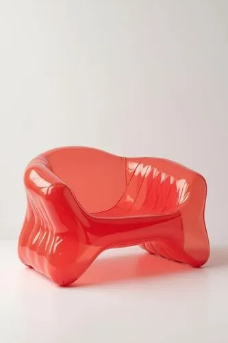 a modern red chair sits in a dimly lit room,mouthguard,mouth guard,red stapler,tape dispenser,butter dish,egg slicer