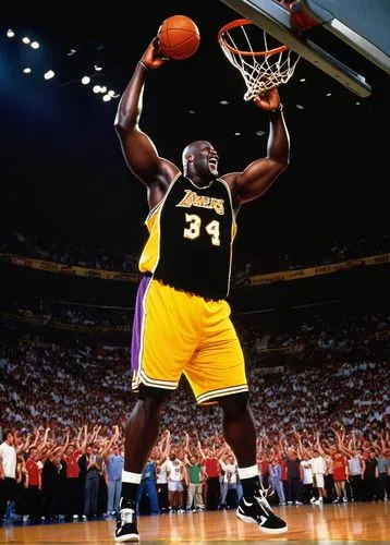 Shaquille O'Neal, NBA legend, muscular athletic build, bald head, gold chain necklace, sleeveless jersey, black shorts, basketball shoes, confident smile, powerful dunking pose, indoor stadium, bright