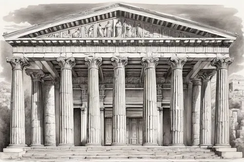 colonnaded,doric columns,greek temple,the parthenon,erechtheion,pantheon,roman temple,propylaea,capitolium,palladian,temple of diana,parthenon,glyptothek,metapontum,columns,halicarnassus,neoclassical,zappeion,columned,doric,Illustration,Black and White,Black and White 35