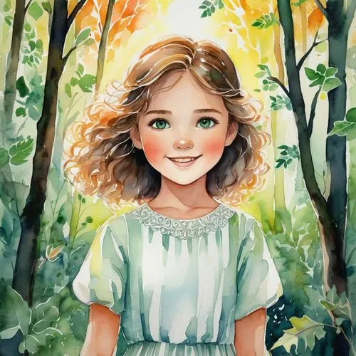 watercolor background,girl with tree,girl in the garden,kids illustration,little girl fairy,forest background,Illustration,Paper based,Paper Based 25