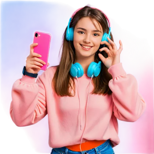 Headphones, young adult, casual wear, relaxed posture, hands holding phone, downloading music, screen glow, subtle smile, messy brown hair, bright eyes, blurred background, soft focus, pastel colors, 