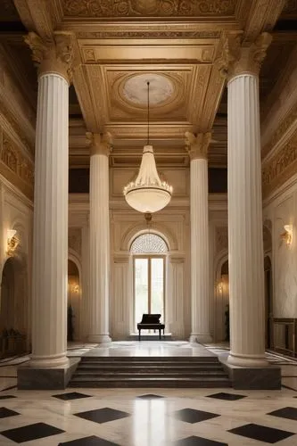 cochere,neoclassical,doric columns,saint george's hall,thomas jefferson memorial,palladian,entrance hall,freemasonry,zappeion,marble palace,neoclassicism,columns,foyer,coffered,hall of nations,us supreme court building,masonic,empty hall,peristyle,ballroom,Illustration,Abstract Fantasy,Abstract Fantasy 06