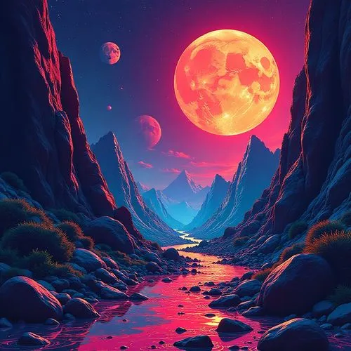 kaling,a river flowing through a lush canyon under a red moon,lunar landscape,moon valley,moonscape,valley of the moon,moonscapes,alien planet,Conceptual Art,Sci-Fi,Sci-Fi 09