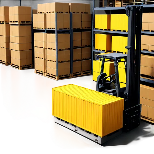 Distribution picture, logistics warehouse scene, many boxes stacked high, industrial shelving units, forklifts in background, workers in reflective vests, busy atmosphere, warm lighting, shallow depth