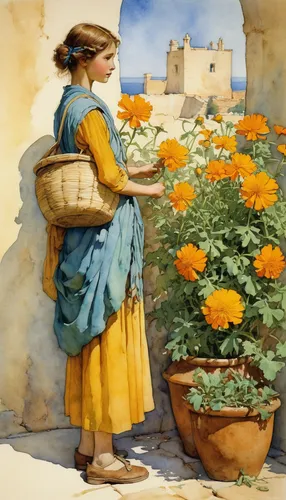 the garden marigold,girl picking flowers,marigold,pot marigold,garden marigold,flowers in basket,marguerite,marigolds,picking flowers,flower delivery,english marigold,flower painting,holding flowers,marigold flower,crown marigold,orange marigold,tagetes,flower basket,fiori,provencal life,Illustration,Paper based,Paper Based 23