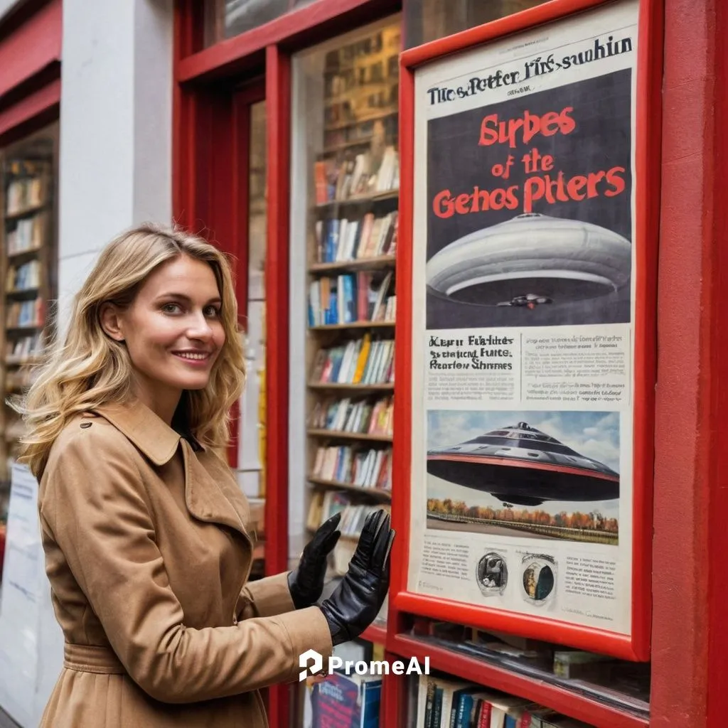 Total front shot of, am linken Eingang an einer Stein-Hauswand zu „Peters Buchladen“, eine alte 1950er Jahre deutsche Buchhandlung, elaborate equiped with books, displays shelves, posters of famous Au