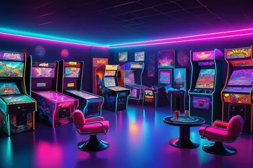 game room,arcade,arcade games,arcades,arcading,spaceland,slots,slot machines,black light,neon candies,pinball,neon lights,neon light,blacklight,gamezone,jeux,galaxian,ufo interior,poolroom,playing room,Illustration,Black and White,Black and White 22